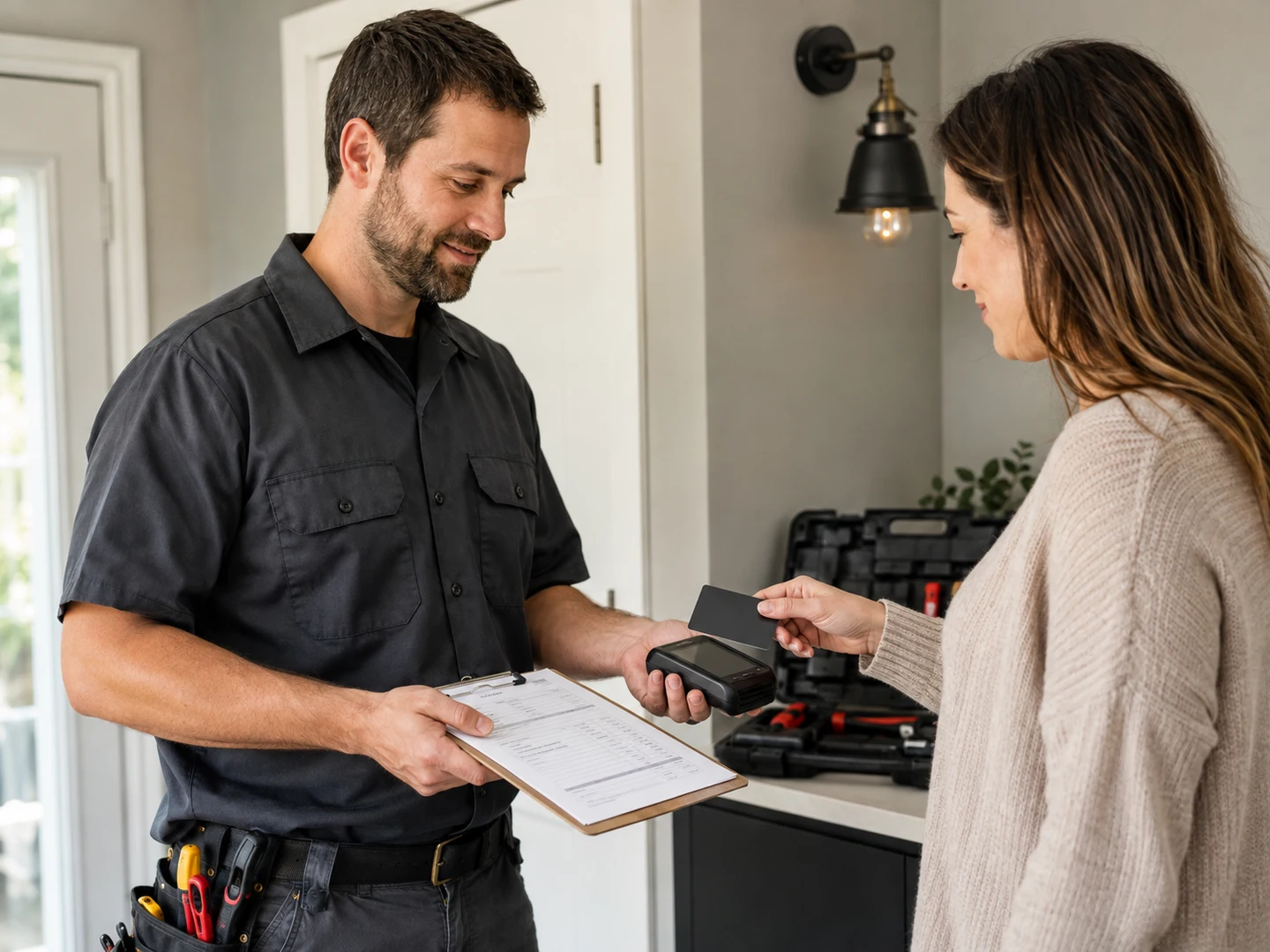 Homeowner tapping a card on a technician’s mobile terminal beside an itemized work order
