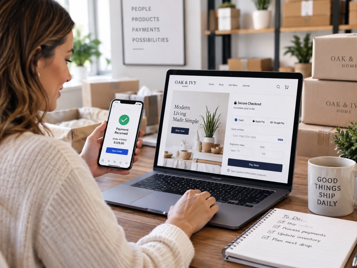 Online merchant reviewing a completed order across a laptop and smartphone
