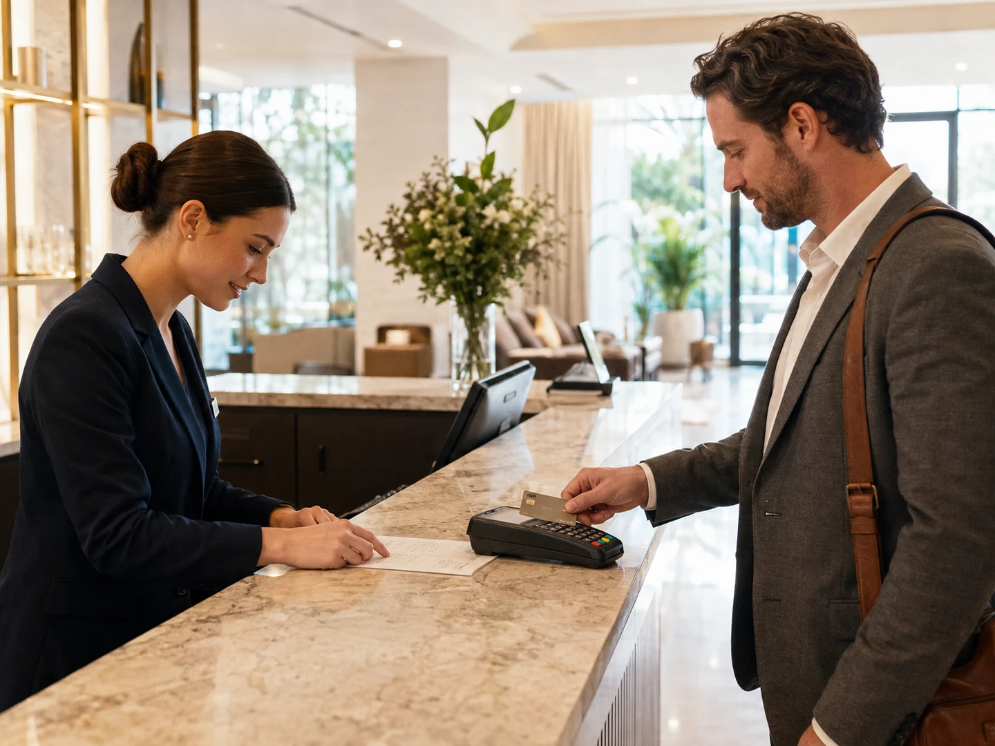 Hotel guest paying by card at a front-desk terminal while a receptionist reviews the folio