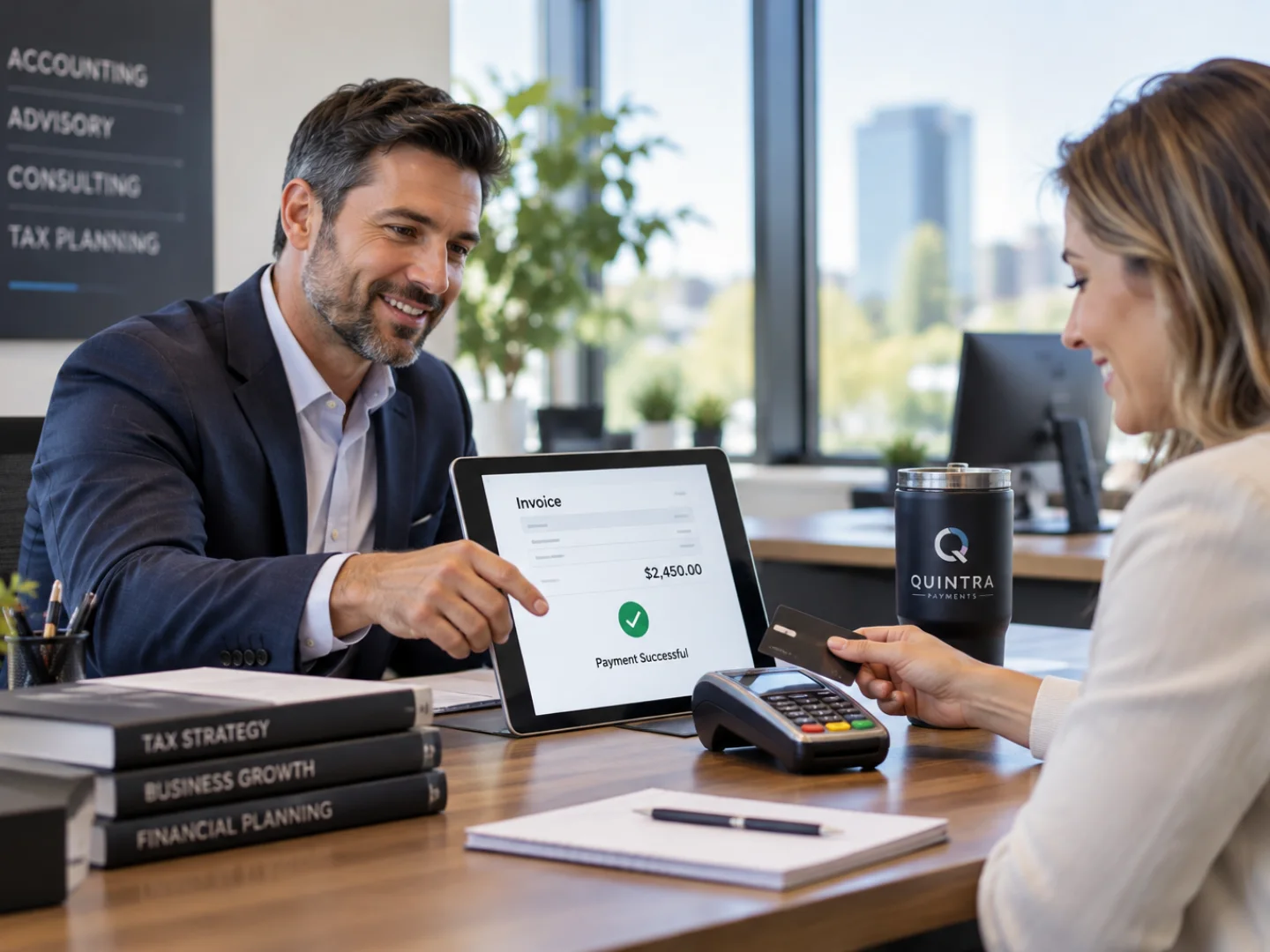 Professional advisor reviewing an invoice and card payment with a client