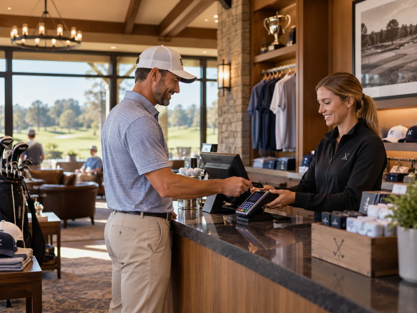 Golfer completing a card payment at a clubhouse pro shop counter